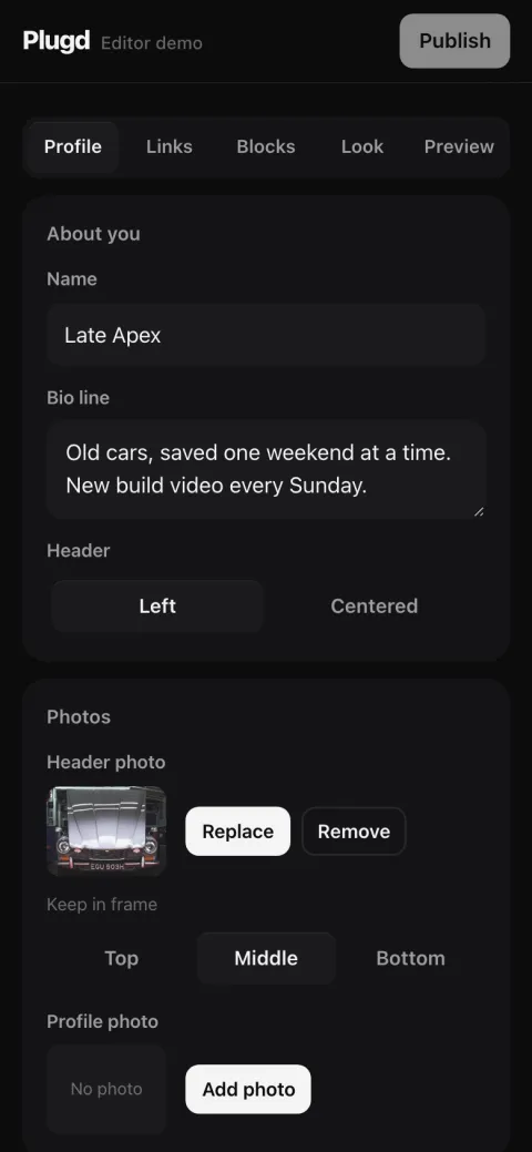 The Plugd editor on a phone, Links tab