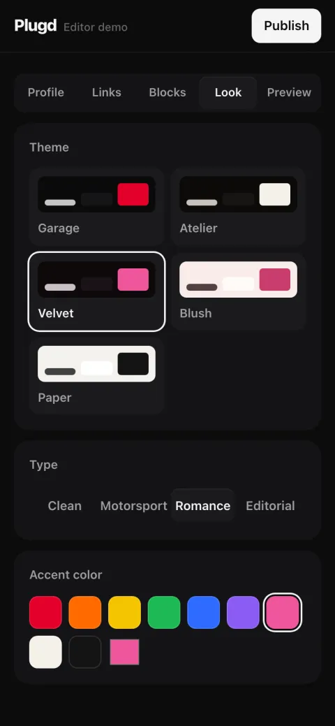The Plugd editor on a phone, picking a theme